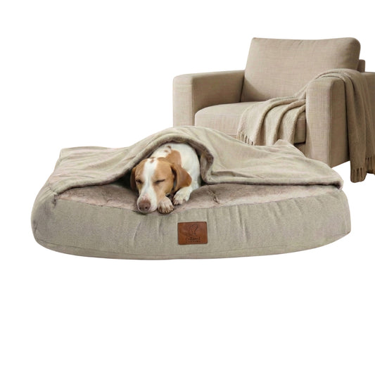 Luxury Hooded Dog Snuggle Bed – Beige