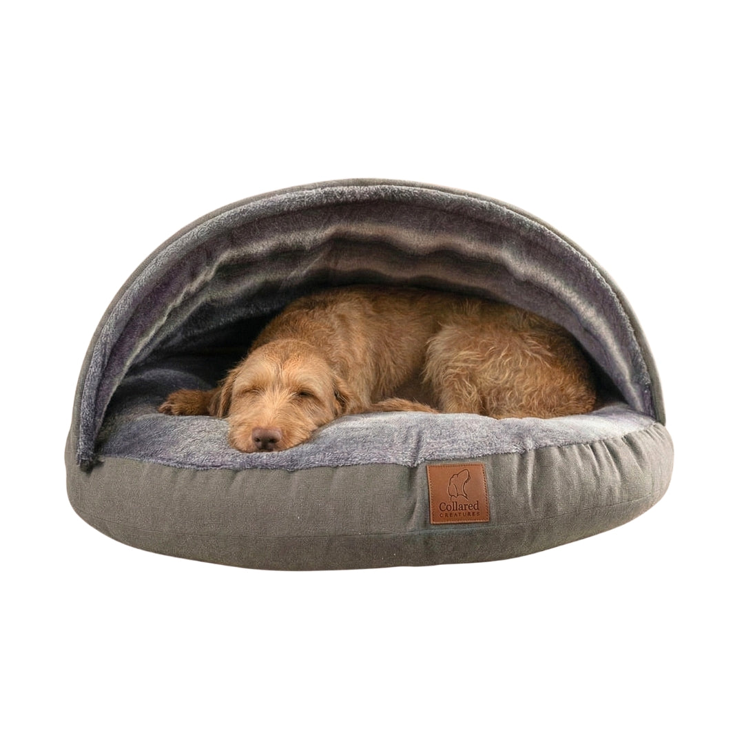 Grey Luxury Dog Cave Bed with Removable Firm Hood
