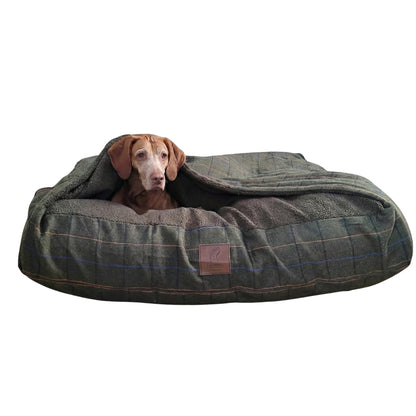 Green Tweed Hooded Dog Snuggle Bed
