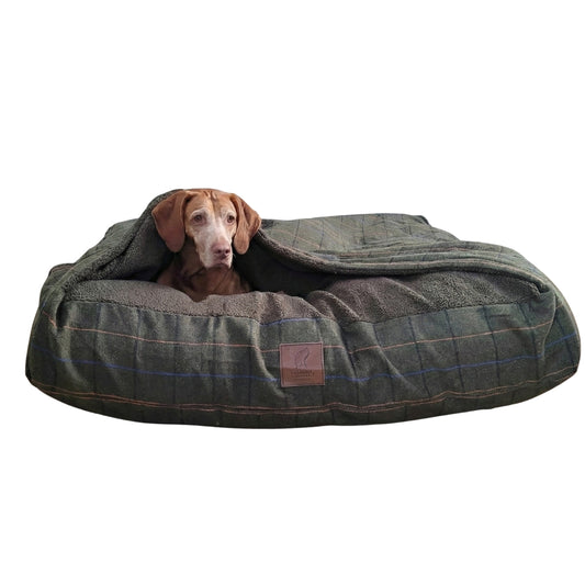 Green Tweed Hooded Dog Snuggle Bed