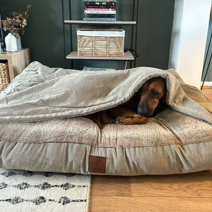 Luxury Hooded Dog Snuggle Bed – Beige