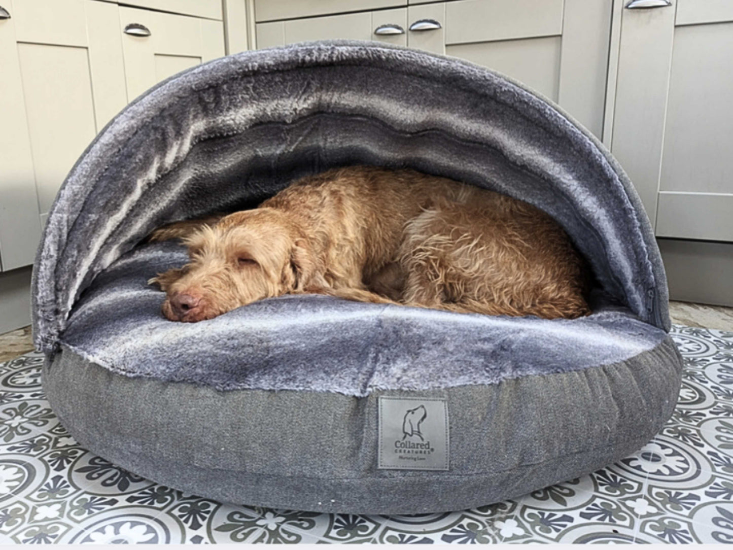 Grey Luxury Dog Cave Bed with Removable Firm Hood