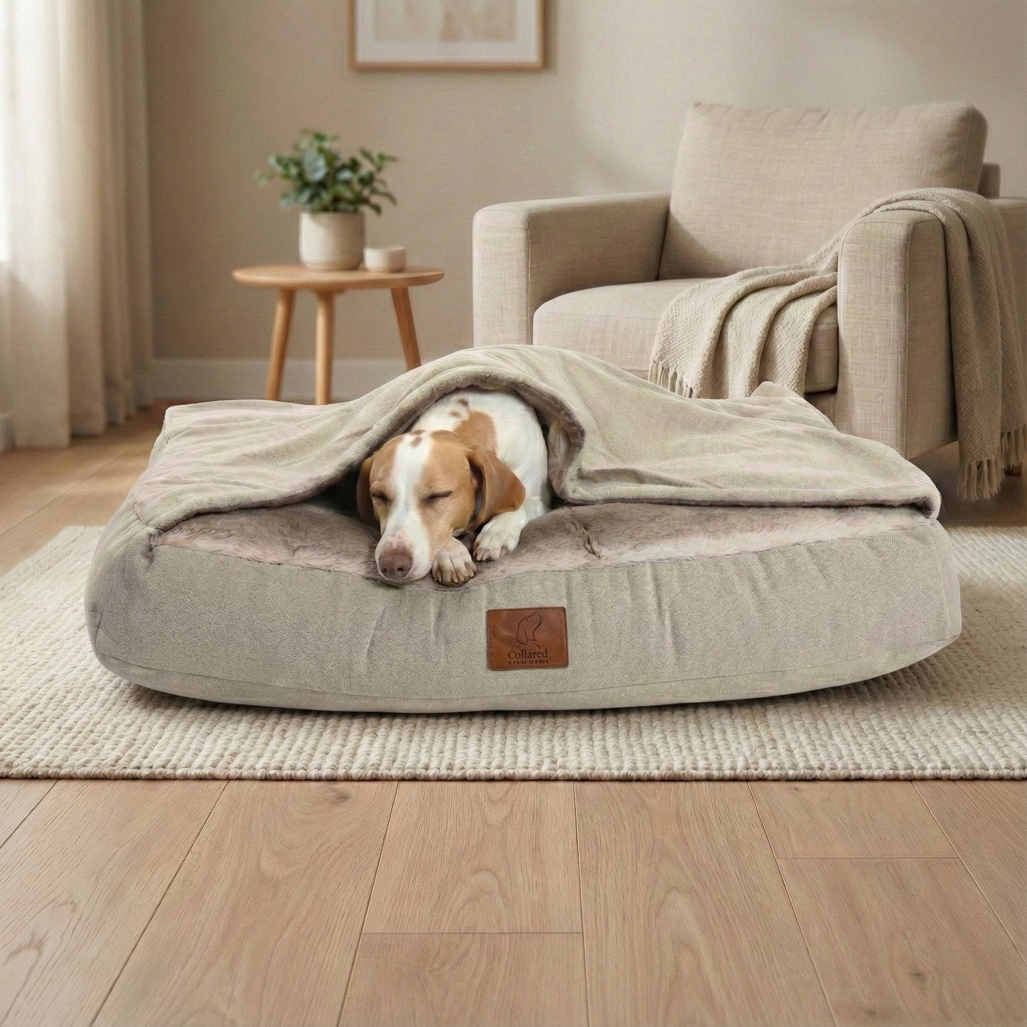 Luxury Hooded Dog Snuggle Bed – Beige