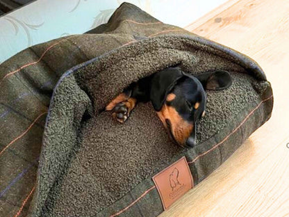 Green Tweed Hooded Dog Snuggle Bed